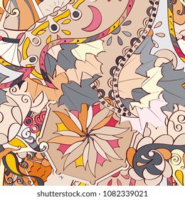 Tracery seamless pattern. Mehndi design. Ethnic colorful doodle texture. Curved doodling background. Vector