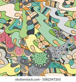 Tracery seamless pattern. Mehndi design. Ethnic colorful doodle texture. Curved doodling background. Vector