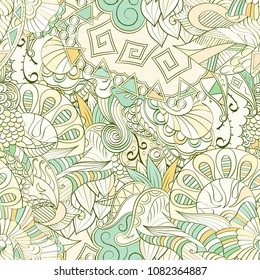 Tracery seamless pattern. Mehndi design. Ethnic colorful doodle texture. Curved doodling background. Vector