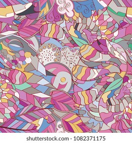 Tracery seamless pattern. Mehndi design. Ethnic colorful doodle texture. Curved doodling background. Vector