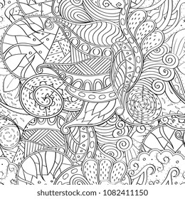 Tracery seamless pattern. Mehndi design. Ethnic monochrome binary doodle texture. Curved doodling black and white background. Vector