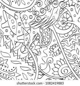 Tracery seamless pattern. Mehndi design. Ethnic monochrome binary doodle texture. Curved doodling black and white background. Vector
