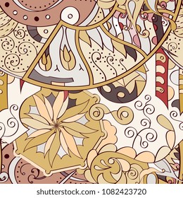 Tracery seamless pattern. Mehndi design. Ethnic colorful doodle texture. Curved doodling background. Vector