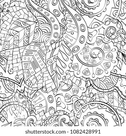 Tracery seamless pattern. Mehndi design. Ethnic monochrome binary doodle texture. Curved doodling black and white background. Vector