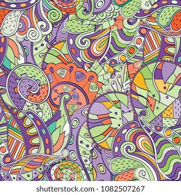 Tracery seamless pattern. Mehndi design. Ethnic colorful doodle texture. Curved doodling background. Vector