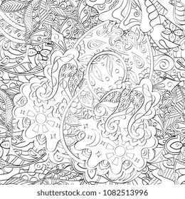 Tracery seamless pattern. Mehndi design. Ethnic monochrome binary doodle texture. Curved doodling black and white background. Vector