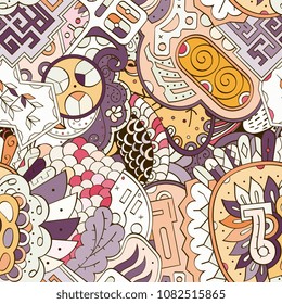 Tracery seamless pattern. Mehndi design. Ethnic colorful doodle texture. Curved doodling background. Vector