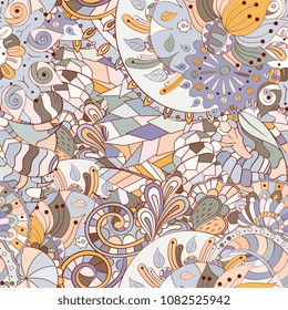 Tracery seamless pattern. Mehndi design. Ethnic colorful doodle texture. Curved doodling background. Vector