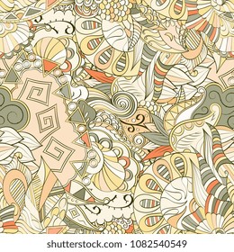 Tracery seamless pattern. Mehndi design. Ethnic colorful doodle texture. Curved doodling background. Vector