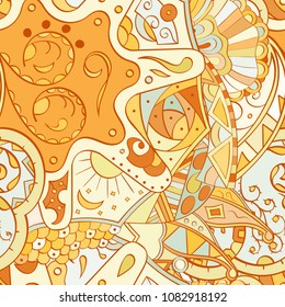 Tracery seamless pattern. Mehndi design. Ethnic colorful doodle texture. Curved doodling background. Vector