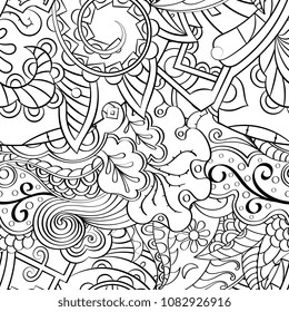 Tracery seamless pattern. Mehndi design. Ethnic monochrome binary doodle texture. Curved doodling black and white background. Vector