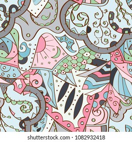 Tracery seamless pattern. Mehndi design. Ethnic colorful doodle texture. Curved doodling background. Vector