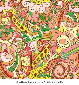 Tracery seamless pattern. Mehndi design. Ethnic colorful doodle texture. Curved doodling background. Vector