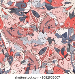 Tracery seamless pattern. Mehndi design. Ethnic colorful doodle texture. Curved doodling background. Vector