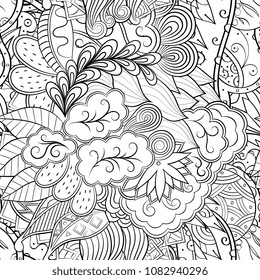 Tracery seamless pattern. Mehndi design. Ethnic monochrome binary doodle texture. Curved doodling black and white background. Vector