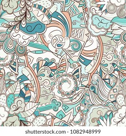 Tracery seamless pattern. Mehndi design. Ethnic colorful doodle texture. Curved doodling background. Vector