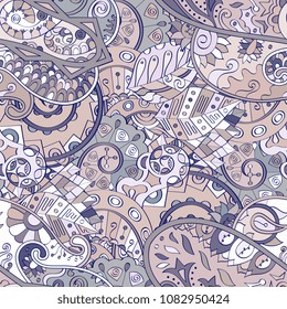 Tracery seamless pattern. Mehndi design. Ethnic colorful doodle texture. Curved doodling background. Vector
