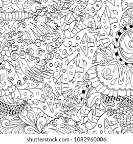 Tracery seamless pattern. Mehndi design. Ethnic monochrome binary doodle texture. Curved doodling black and white background. Vector