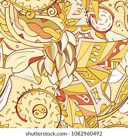 Tracery seamless pattern. Mehndi design. Ethnic colorful doodle texture. Curved doodling background. Vector