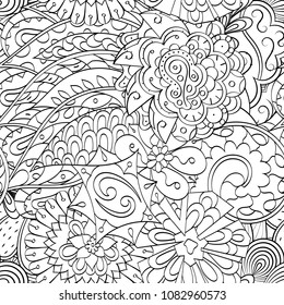 Tracery seamless pattern. Mehndi design. Ethnic monochrome binary doodle texture. Curved doodling black and white background. Vector