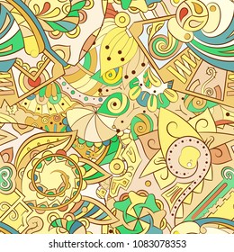 Tracery seamless pattern. Mehndi design. Ethnic colorful doodle texture. Curved doodling background. Vector