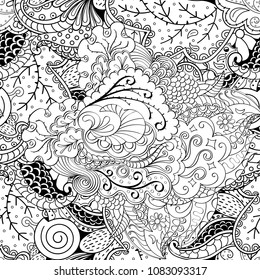 Tracery seamless pattern. Mehndi design. Ethnic monochrome binary doodle texture. Curved doodling black and white background. Vector
