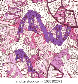 Tracery seamless pattern. Mehndi design. Ethnic colorful doodle texture. Curved doodling background. Vector
