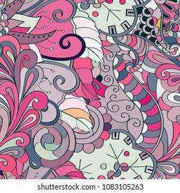 Tracery seamless pattern. Mehndi design. Ethnic colorful doodle texture. Curved doodling background. Vector