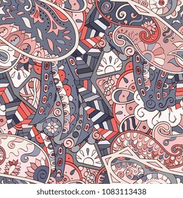 Tracery seamless pattern. Mehndi design. Ethnic colorful doodle texture. Curved doodling background. Vector