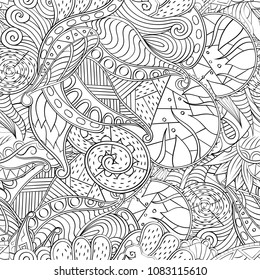 Tracery seamless pattern. Mehndi design. Ethnic monochrome binary doodle texture. Curved doodling black and white background. Vector