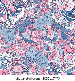 Tracery seamless pattern. Mehndi design. Ethnic colorful doodle texture. Curved doodling background. Vector