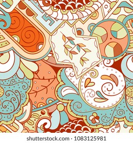 Tracery seamless pattern. Mehndi design. Ethnic colorful doodle texture. Curved doodling background. Vector