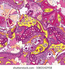 Tracery seamless pattern. Mehndi design. Ethnic colorful doodle texture. Curved doodling background. Vector