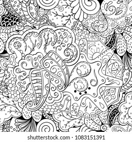 Tracery seamless pattern. Mehndi design. Ethnic monochrome binary doodle texture. Curved doodling black and white background. Vector