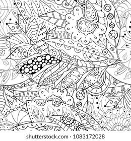 Tracery seamless pattern. Mehndi design. Ethnic monochrome binary doodle texture. Curved doodling black and white background. Vector