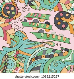 Tracery seamless pattern. Mehndi design. Ethnic colorful doodle texture. Curved doodling background. Vector