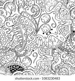 Tracery seamless pattern. Mehndi design. Ethnic monochrome binary doodle texture. Curved doodling black and white background. Vector