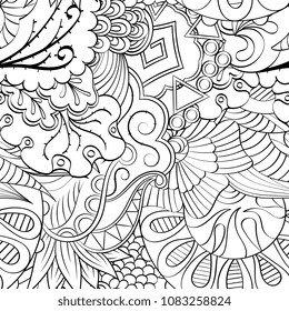 Tracery seamless pattern. Mehndi design. Ethnic monochrome binary doodle texture. Curved doodling black and white background. Vector