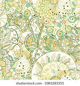 Tracery seamless pattern. Mehndi design. Ethnic colorful doodle texture. Curved doodling background. Vector
