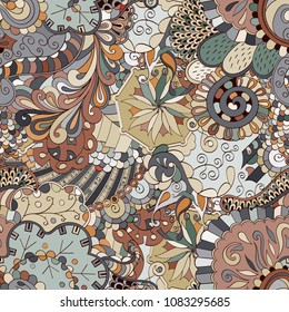 Tracery seamless pattern. Mehndi design. Ethnic colorful doodle texture. Curved doodling background. Vector