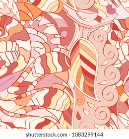 Tracery seamless pattern. Mehndi design. Ethnic colorful doodle texture. Curved doodling background. Vector