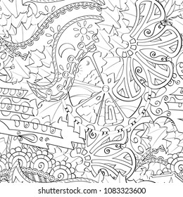 Tracery seamless pattern. Mehndi design. Ethnic monochrome binary doodle texture. Curved doodling black and white background. Vector