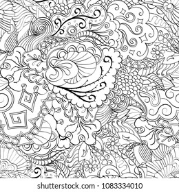 Tracery seamless pattern. Mehndi design. Ethnic monochrome binary doodle texture. Curved doodling black and white background. Vector