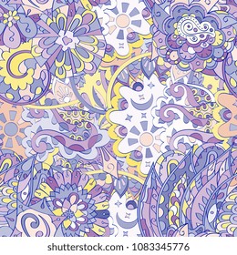 Tracery seamless pattern. Mehndi design. Ethnic colorful doodle texture. Curved doodling background. Vector