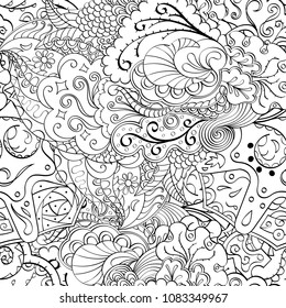 Tracery seamless pattern. Mehndi design. Ethnic monochrome binary doodle texture. Curved doodling black and white background. Vector