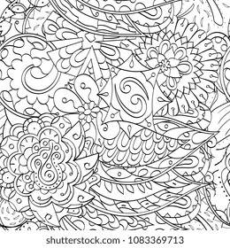 Tracery seamless pattern. Mehndi design. Ethnic monochrome binary doodle texture. Curved doodling black and white background. Vector