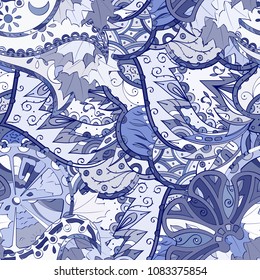 Tracery seamless pattern. Mehndi design. Ethnic colorful doodle texture. Curved doodling background. Vector