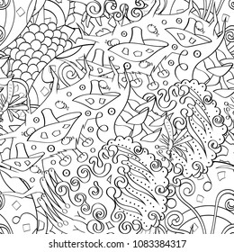 Tracery seamless pattern. Mehndi design. Ethnic monochrome binary doodle texture. Curved doodling black and white background. Vector