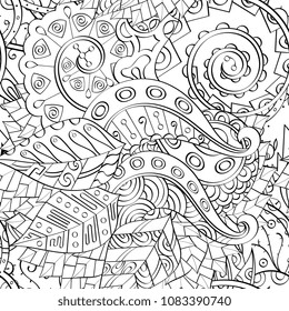 Tracery seamless pattern. Mehndi design. Ethnic monochrome binary doodle texture. Curved doodling black and white background. Vector