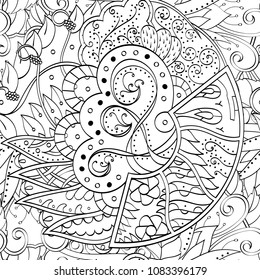 Tracery seamless pattern. Mehndi design. Ethnic monochrome binary doodle texture. Curved doodling black and white background. Vector